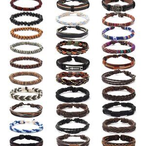 Braided Leather Bracelets Set Adjustable Woven Cuff Boho Tribal Handmade